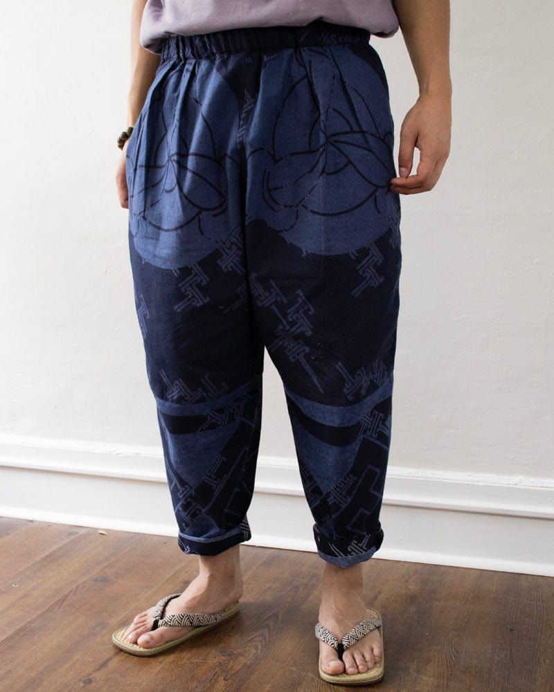 Wa-Modern Samue Pants, Sayagata and Kamon, Indigo
