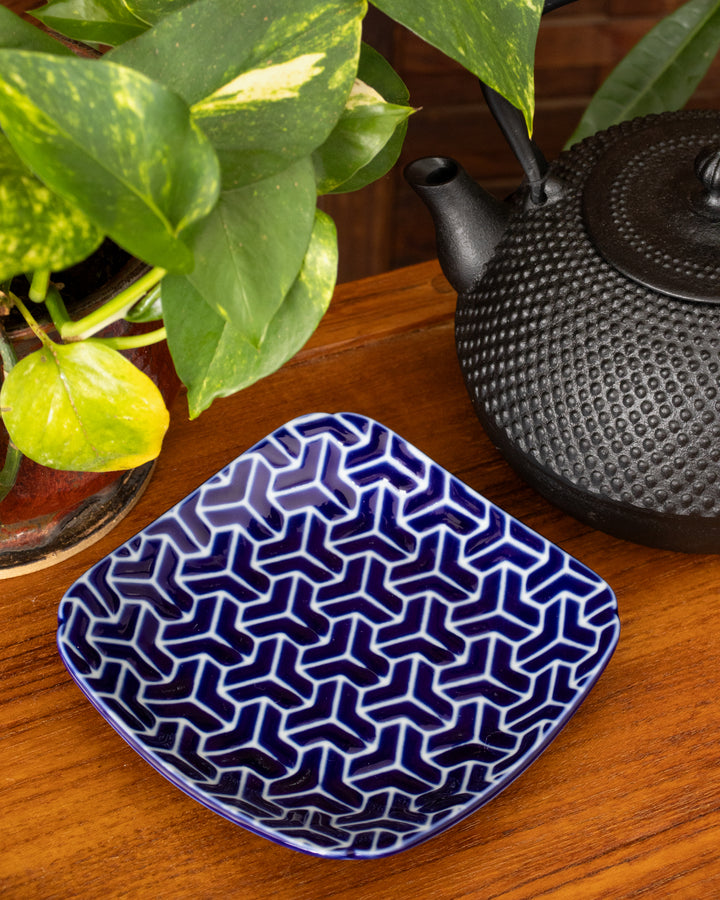 Plate, Ichiyama, Set of 5, Indigo Edo Komon, Large Square
