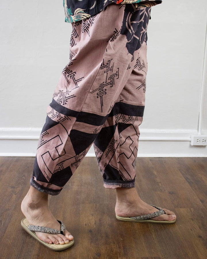 Wa-Modern Samue Pants, Sayagata and Kamon, Mauve