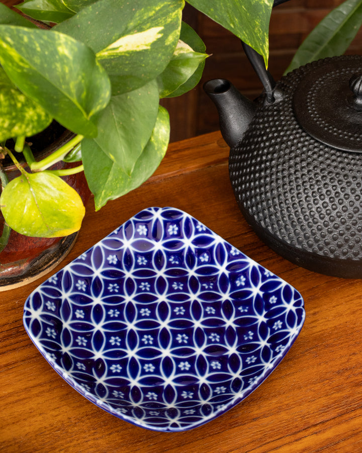 Plate, Ichiyama, Indigo Edo Komon, Large Square, Various Styles