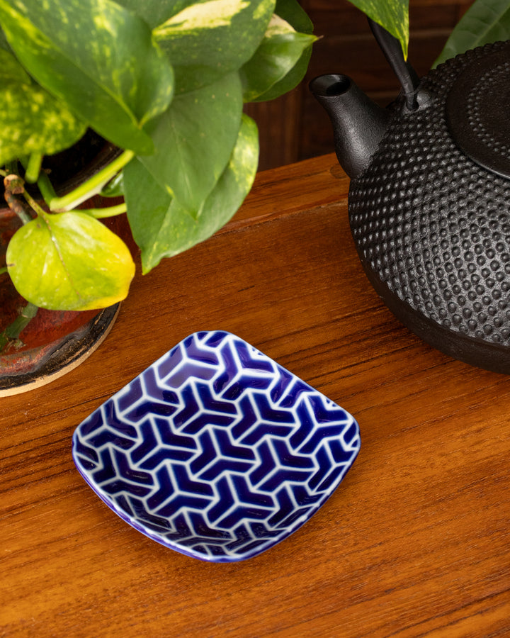 Plate, Ichiyama, Set of 5, Indigo Edo Komon, Small Square