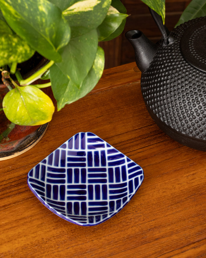 Plate, Ichiyama, Set of 5, Indigo Edo Komon, Small Square
