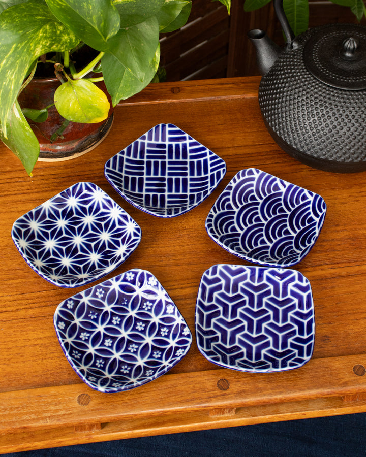 Plate, Ichiyama, Set of 5, Indigo Edo Komon, Small Square