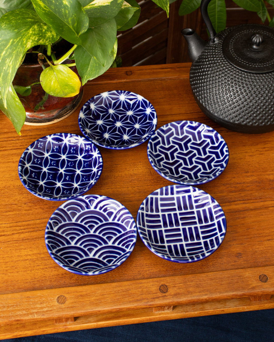 Plate, Ichiyama, Set of 5, Indigo Edo Komon, Small Round