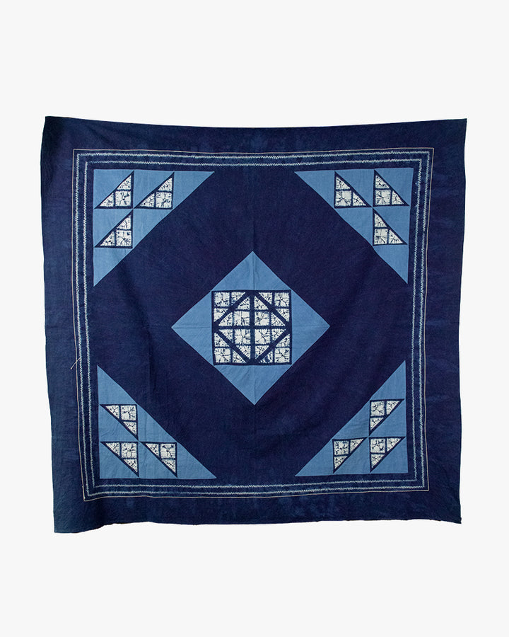 Vintage Furoshiki, Indigo Shibori, Appliqued Triangles, 60" x 57"