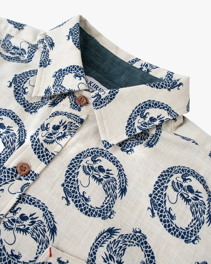 Kiriko Original Button-Up Shirt, Short Sleeve, Cream Dragon