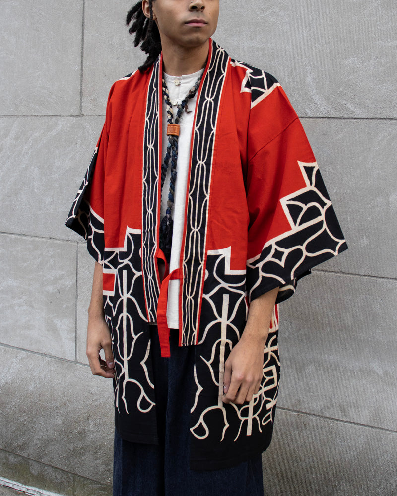Vintage Ainu Robe, Long, Red with Black and White Patterns