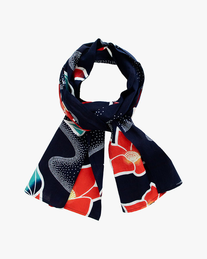 Kiriko Original Scarf, Yukata, Dark Navy with Red Hydrangeas and Dotted Waves
