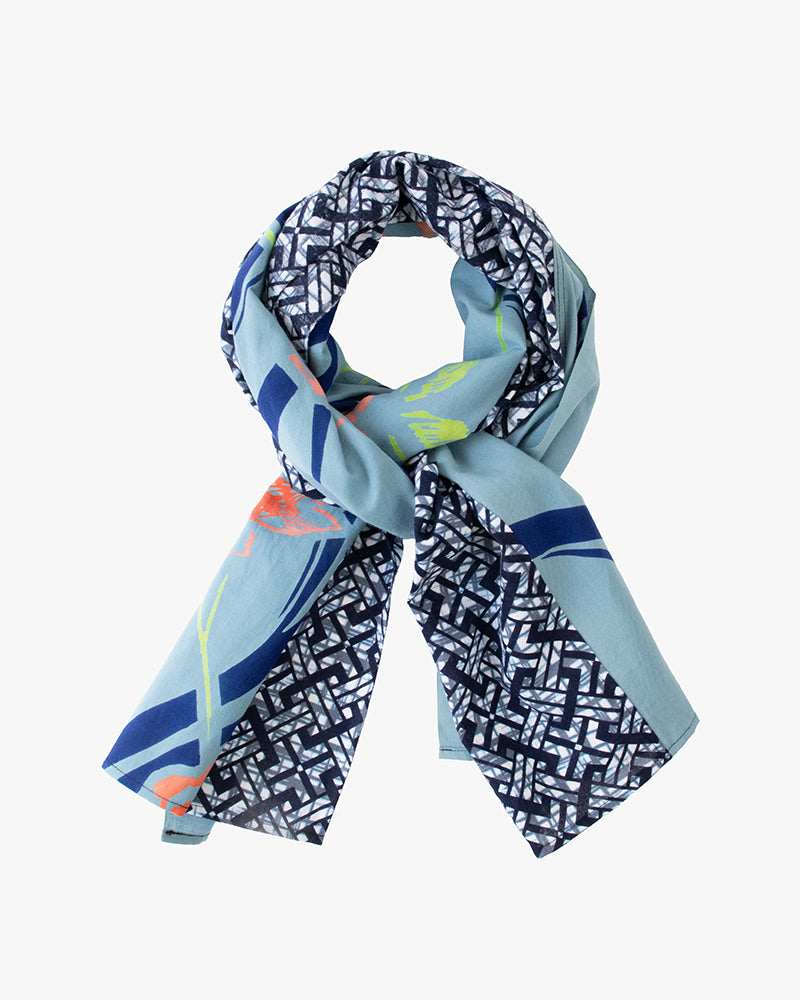 Kiriko Original Scarf, Split Yukata, Wide, Faded Teal with Pink and Green Abstract Flowers