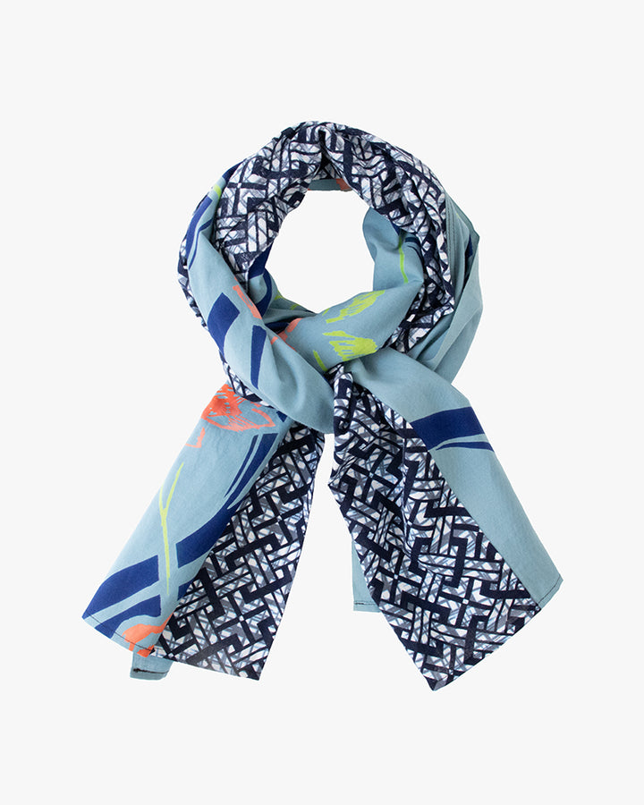 Kiriko Original Scarf, Split Yukata, Wide, Faded Teal with Pink and Green Abstract Flowers