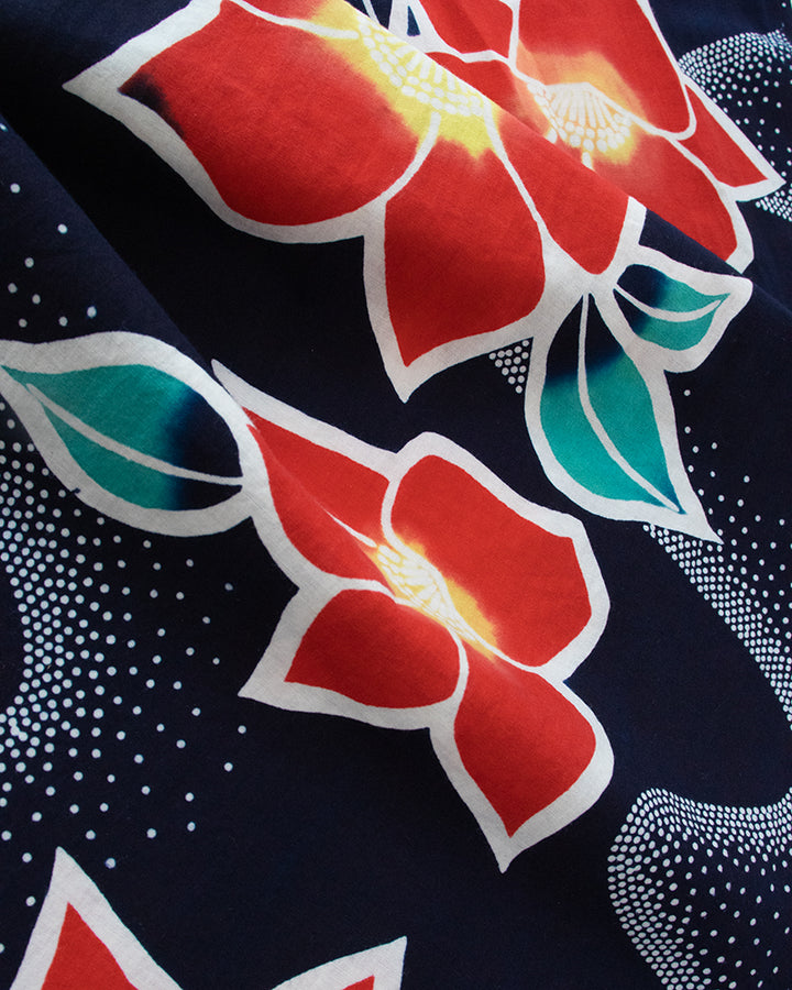 Kiriko Original Scarf, Yukata, Dark Navy with Red Hydrangeas and Dotted Waves