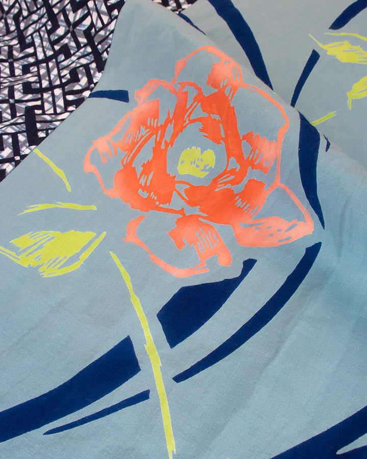 Kiriko Original Scarf, Split Yukata, Wide, Faded Teal with Pink and Green Abstract Flowers