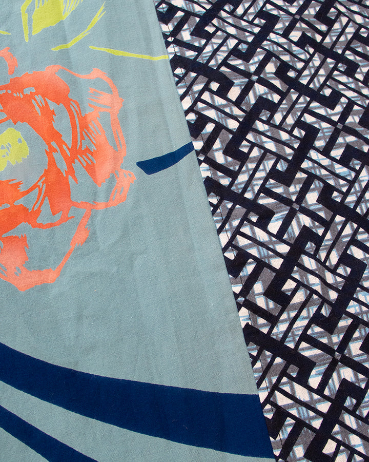 Kiriko Original Scarf, Split Yukata, Wide, Faded Teal with Pink and Green Abstract Flowers