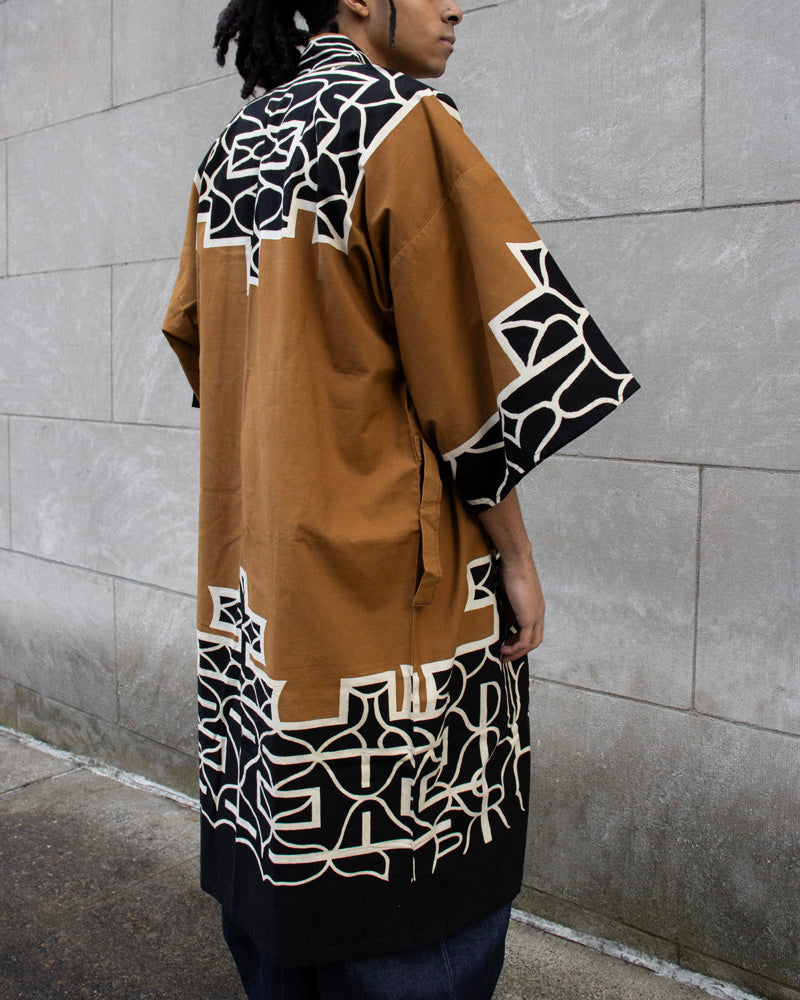 Vintage Ainu Robe, Long, Brown with Black and White Patterns