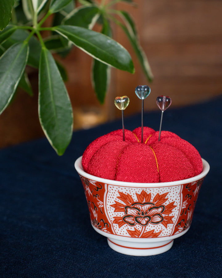 Hiro, Pin Cushion with Ceramic Base, Kutani, Red