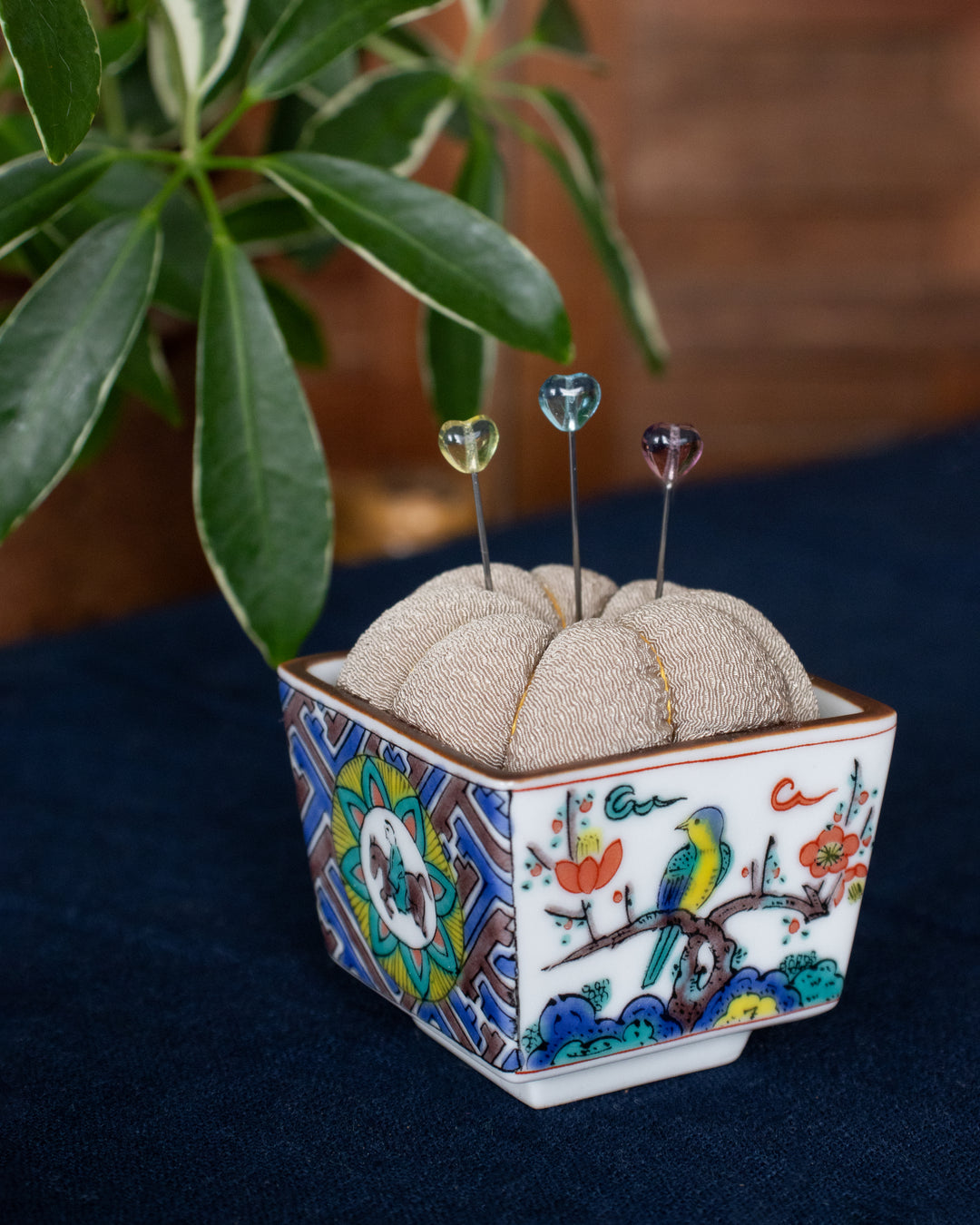 Hiro, Pin Cushion with Ceramic Base, Kutani, Beige