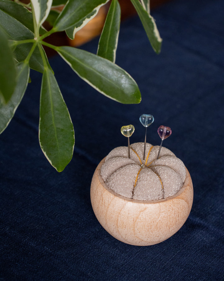 Hiro, Pin Cushion with Wooden Base, Beige