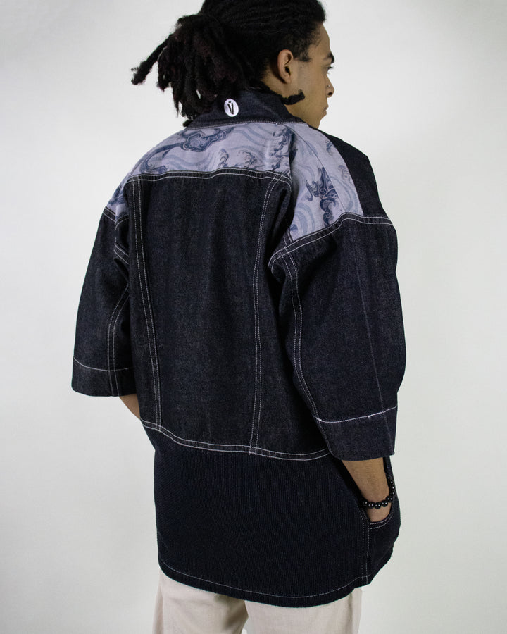 Modern Happi Jacket, Black Denim with Sashi-Ori Fabric