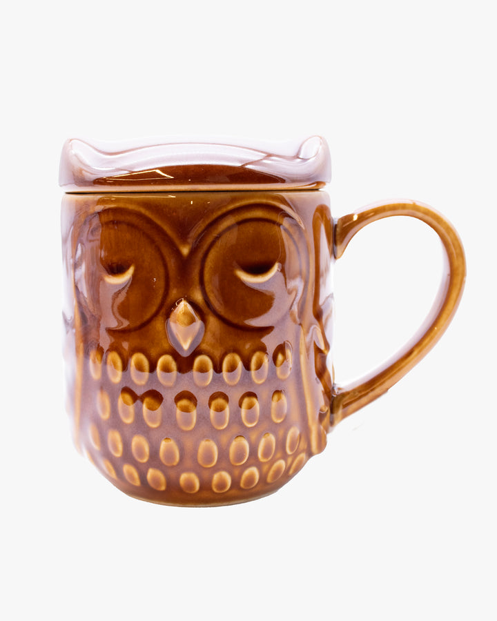Mug Cup with Lid, Bisque, Forest Owl