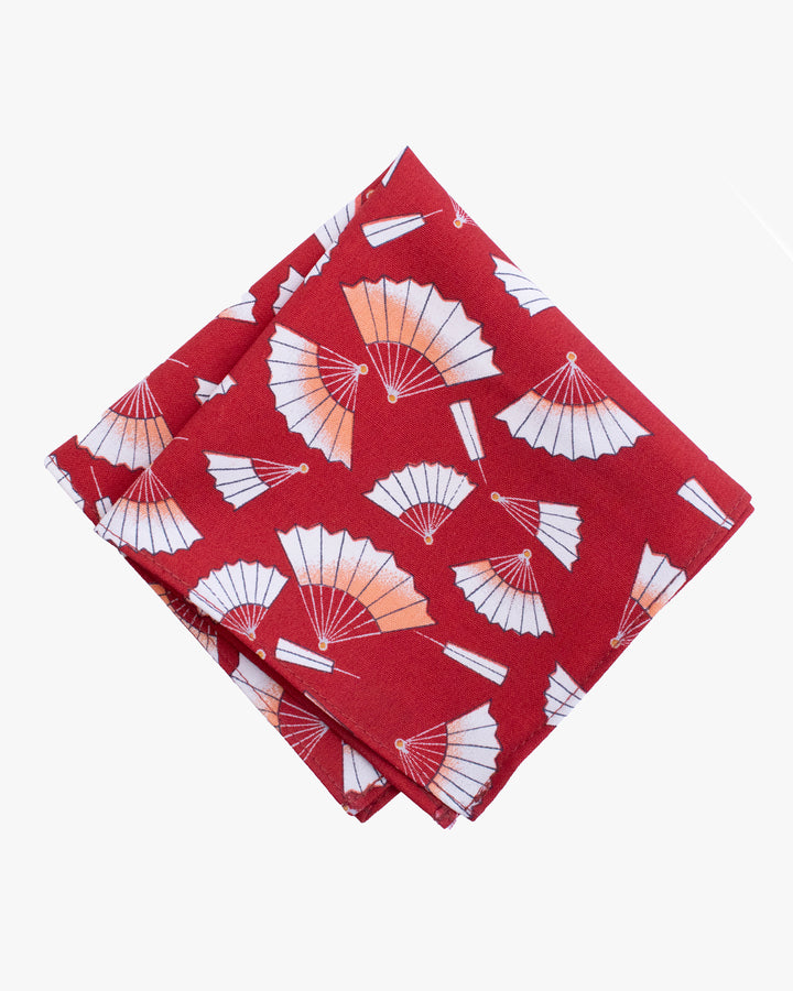 Kiriko Original Pocket Square, Red with Fans
