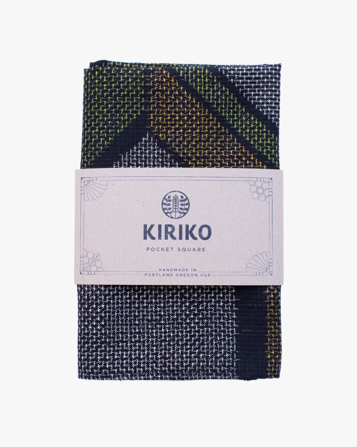 Kiriko Original Pocket Square, Abstract Hishi, Green and Mustard