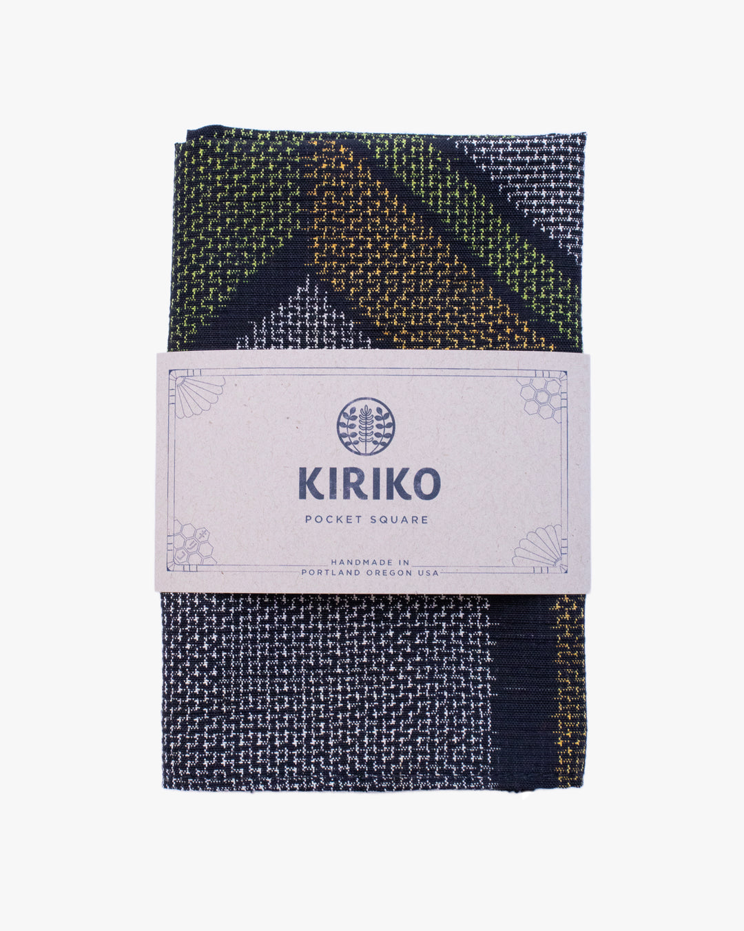 Kiriko Original Pocket Square, Abstract Hishi, Green and Mustard