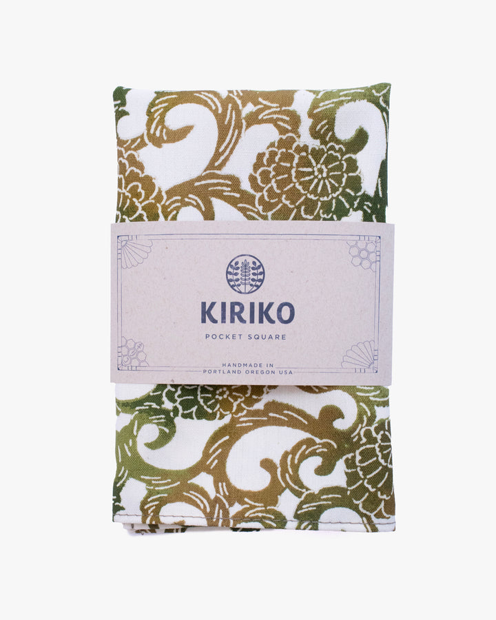 Kiriko Original Pocket Square, Green Kiku Karakusa