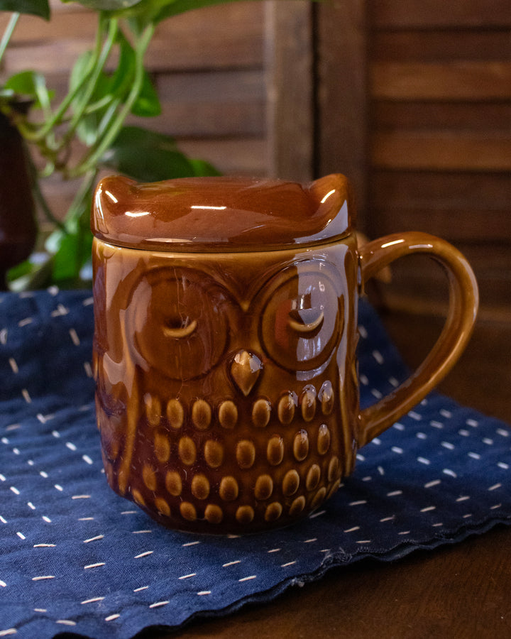 Mug Cup with Lid, Bisque, Forest Owl