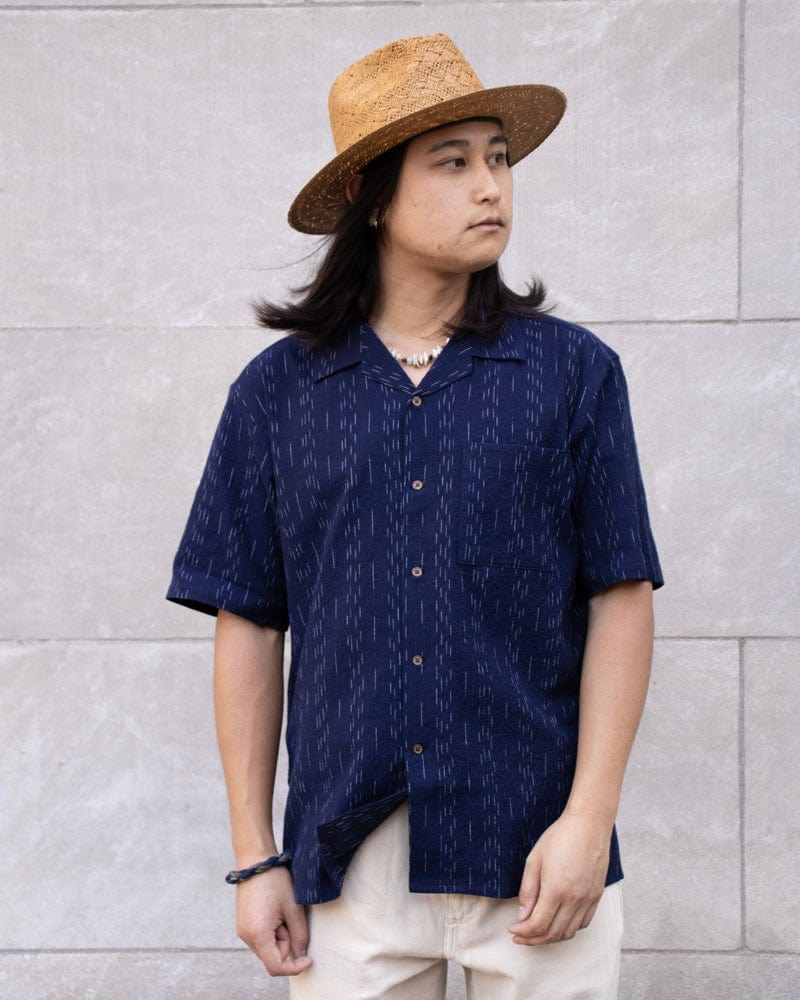 ToK Shirt, Short Sleeve Button-Up, Open Collar, Indigo Faded Shima