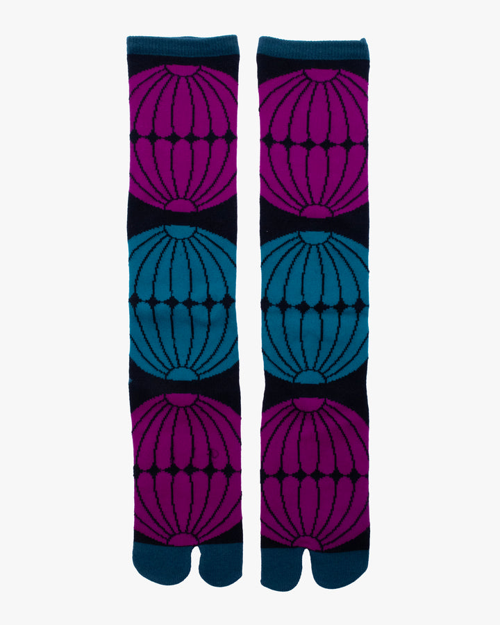 Wa Modern, Tabi Socks, Knee, Black with Colorful Lanterns