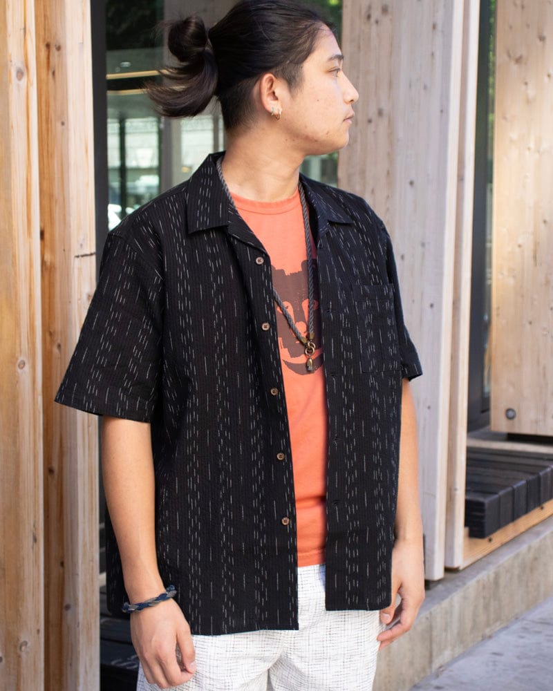ToK Shirt, Short Sleeve Button-Up, Open Collar, Black Faded Shima
