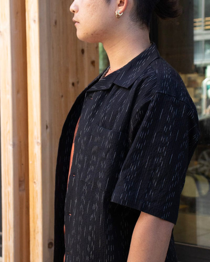 ToK Shirt, Short Sleeve Button-Up, Open Collar, Black Faded Shima