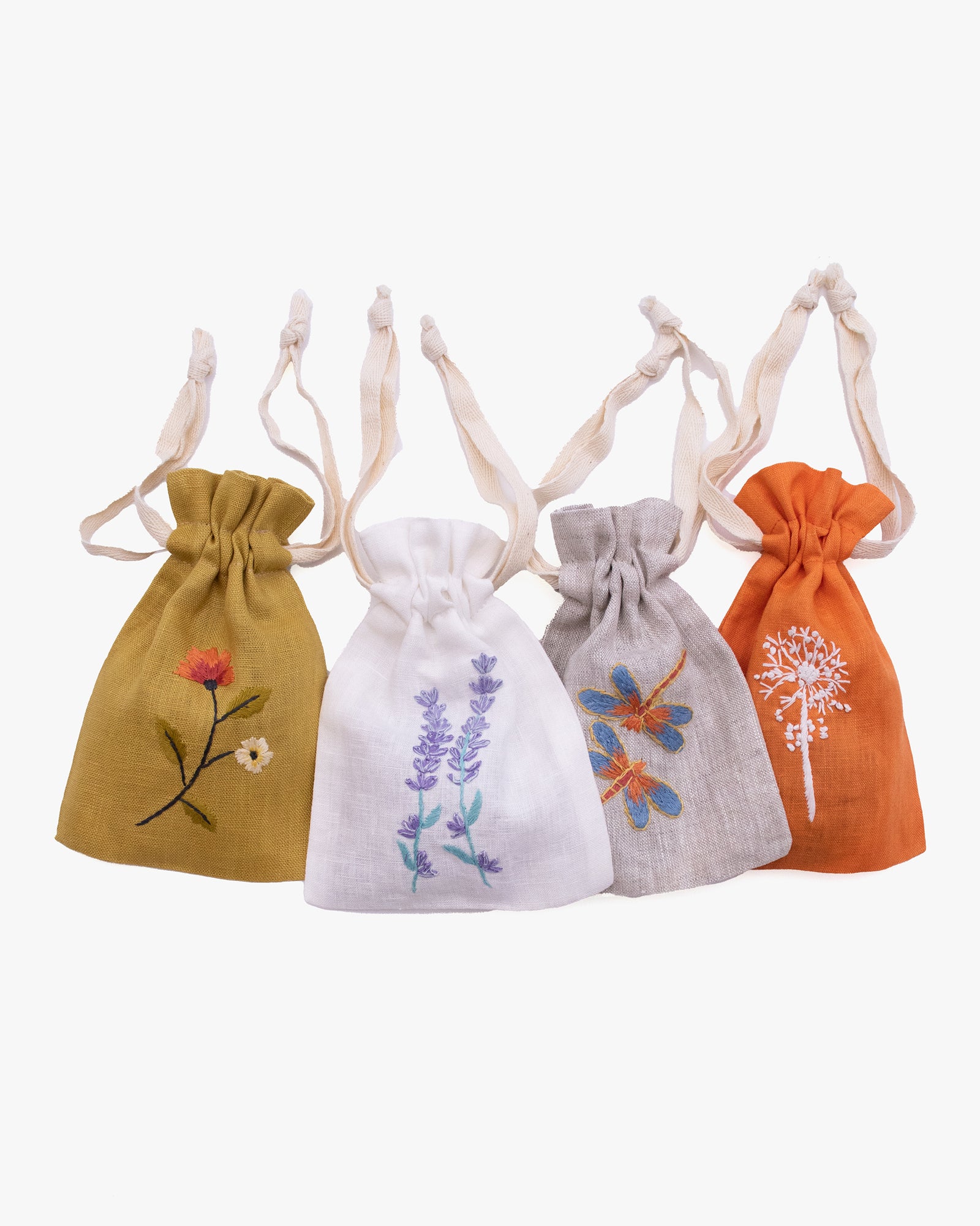 Wooven, Small Drawstring Pouch, Hand Embroidered Linen, Botanicals