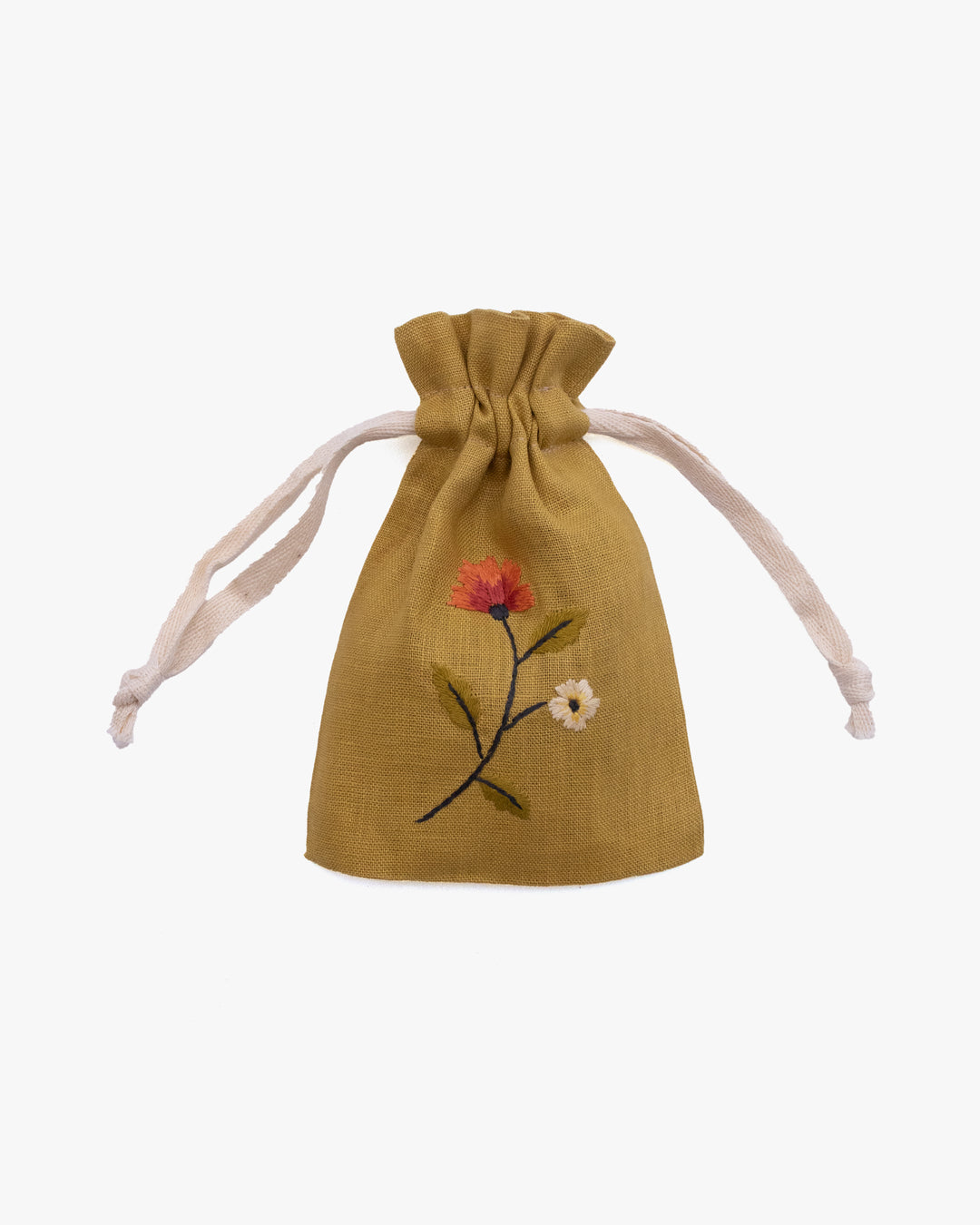 Wooven, Small Drawstring Pouch, Hand Embroidered Linen, Botanicals