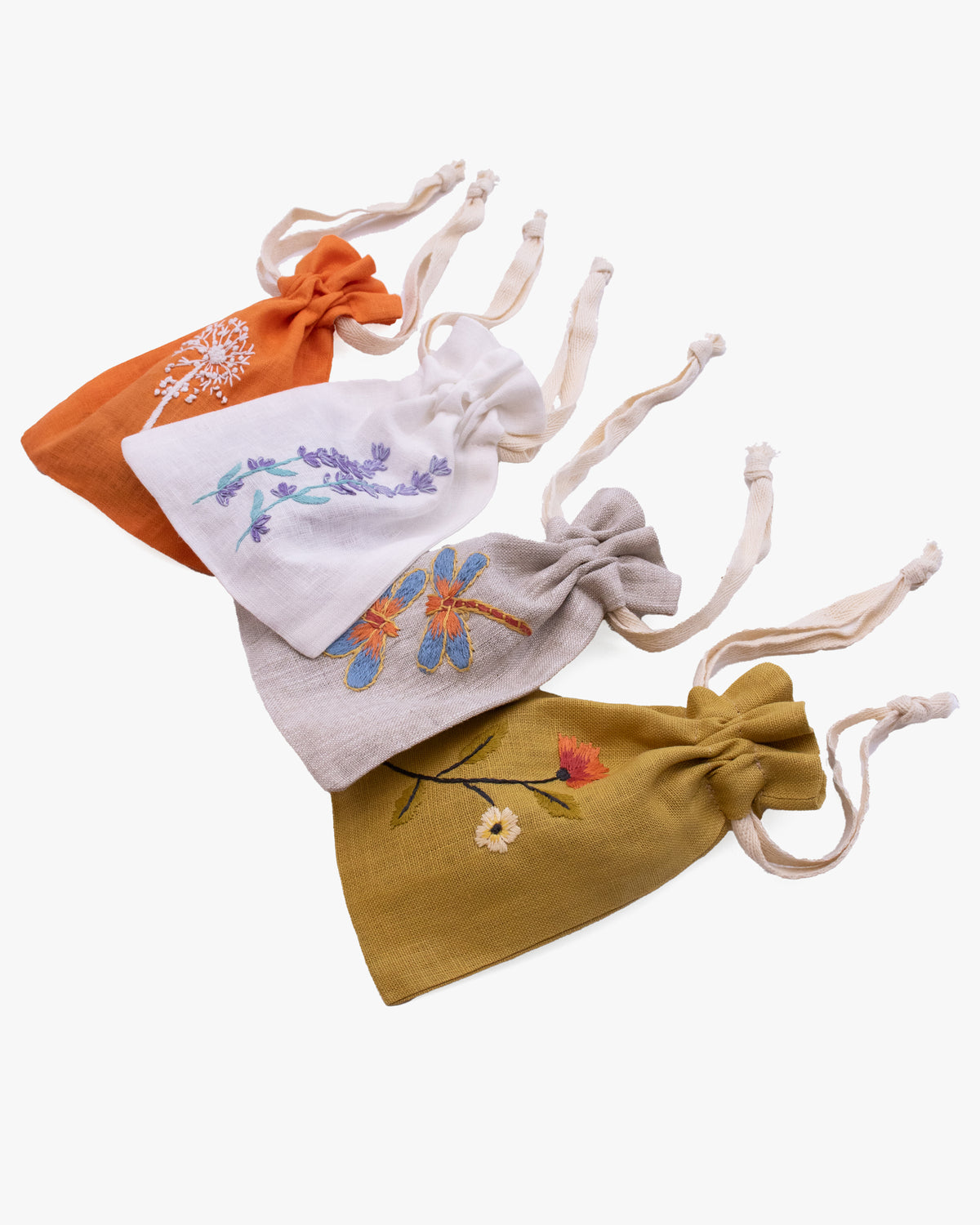 Wooven, Small Drawstring Pouch, Hand Embroidered Linen, Botanicals