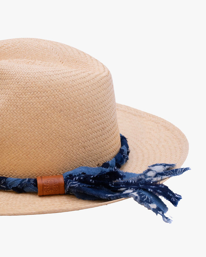 Kiriko Custom Panama Hat, Straw, Braided Katazome, Shades of Indigo