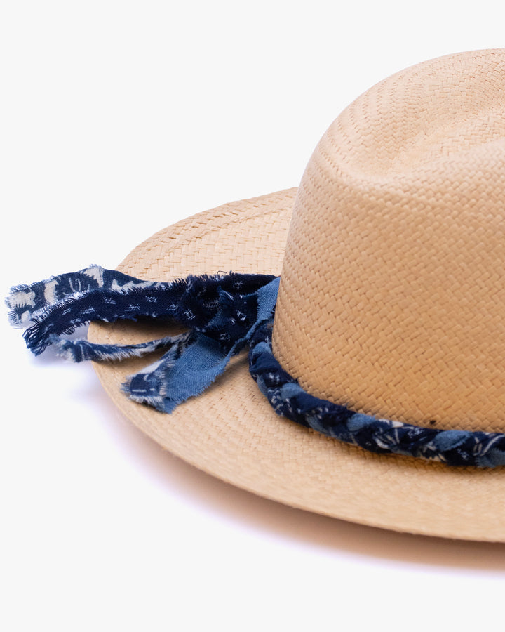 Kiriko Custom Panama Hat, Straw, Braided Katazome, Shades of Indigo