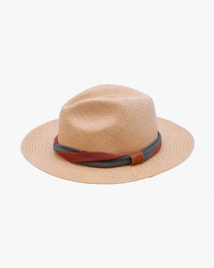 Kiriko Custom Panama Hat, Straw, Twisted Silk Kimono, Orange and Sage Gray