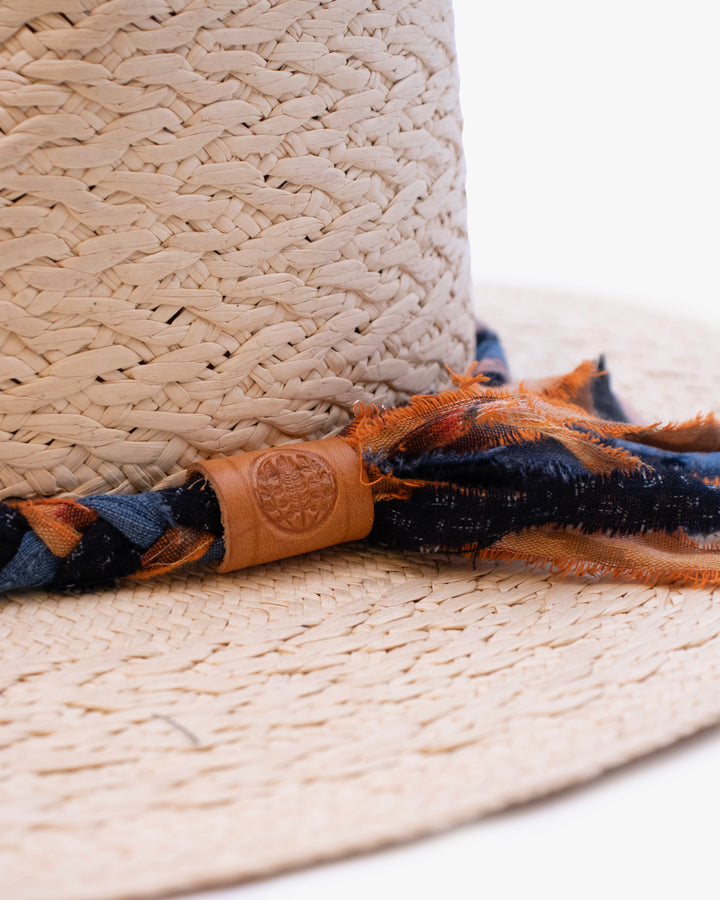 Kiriko Custom Panama Hat, Straw, Braided Katazome, Indigo and Orange