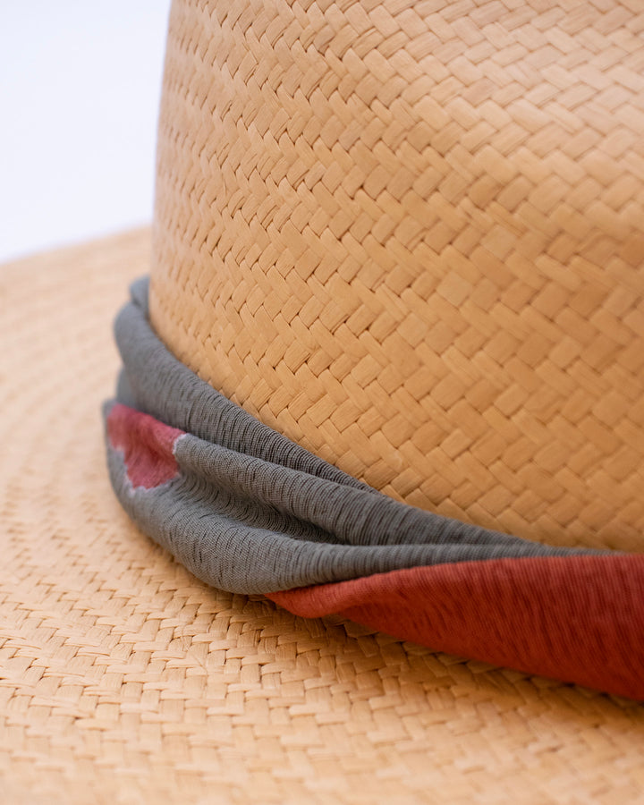 Kiriko Custom Panama Hat, Straw, Twisted Silk Kimono, Orange and Sage Gray