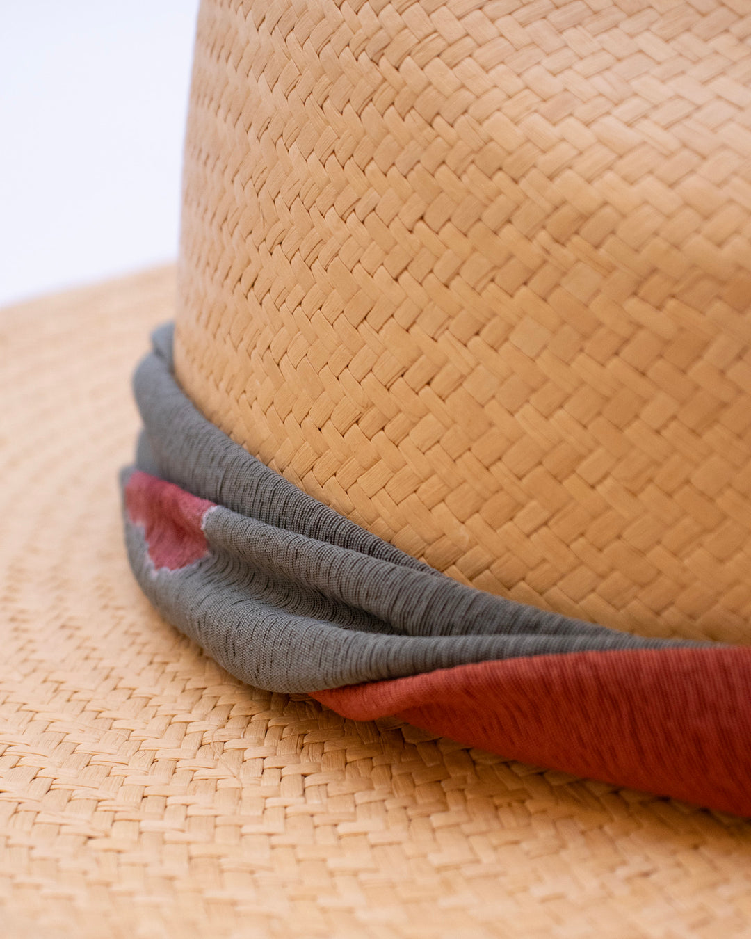 Kiriko Custom Panama Hat, Straw, Twisted Silk Kimono, Orange and Sage Gray