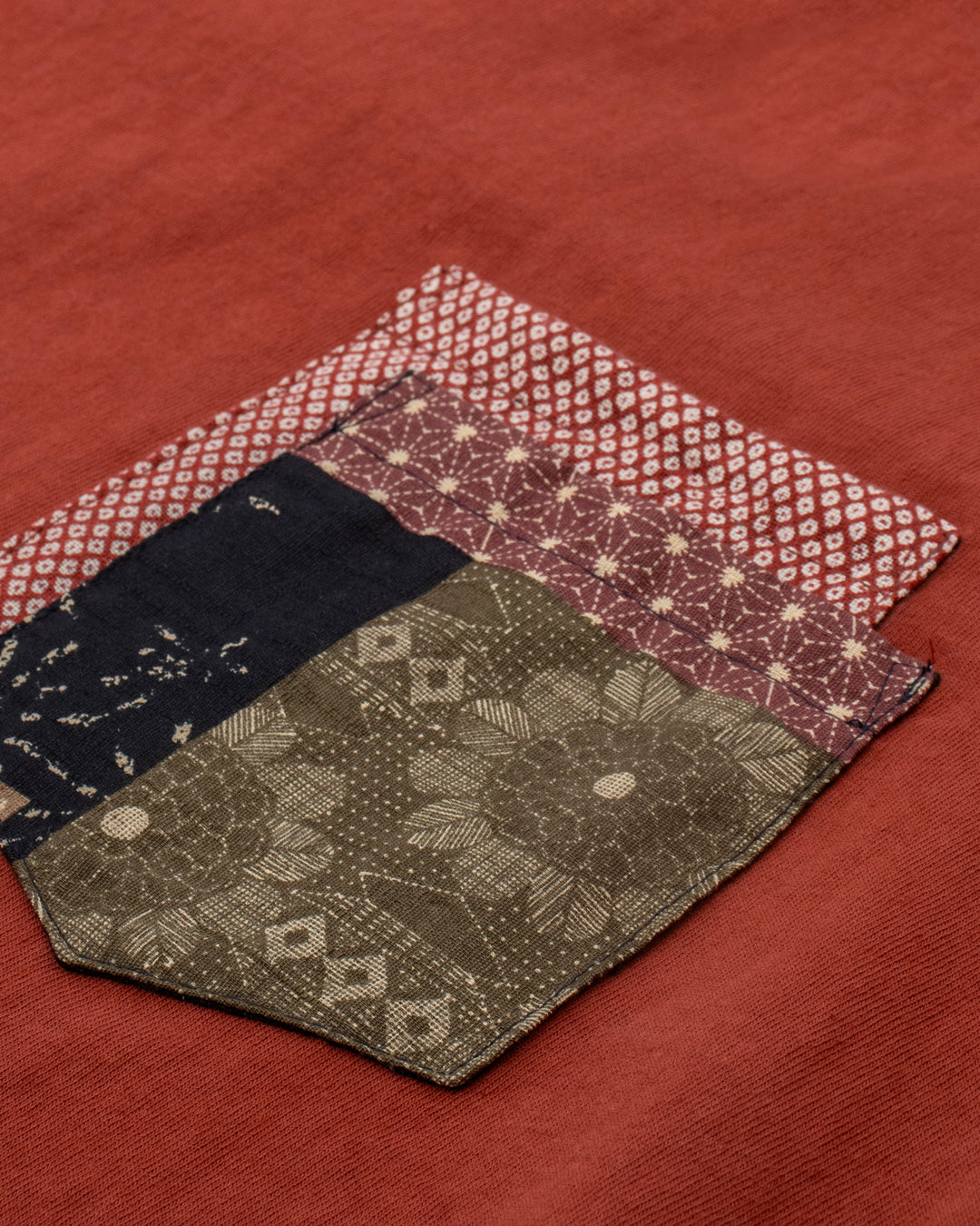 Kiriko Original Tee, 8 oz. US Made, Double Pocket Tee, Orange Red, Red Shibori and Brown Patchwork Style