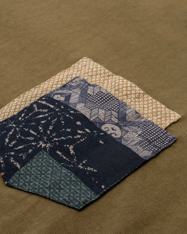 Kiriko Original Tee, 8 oz. US Made, Double Pocket Tee, Green, Yellow Shibori and Indigo Patchwork Style