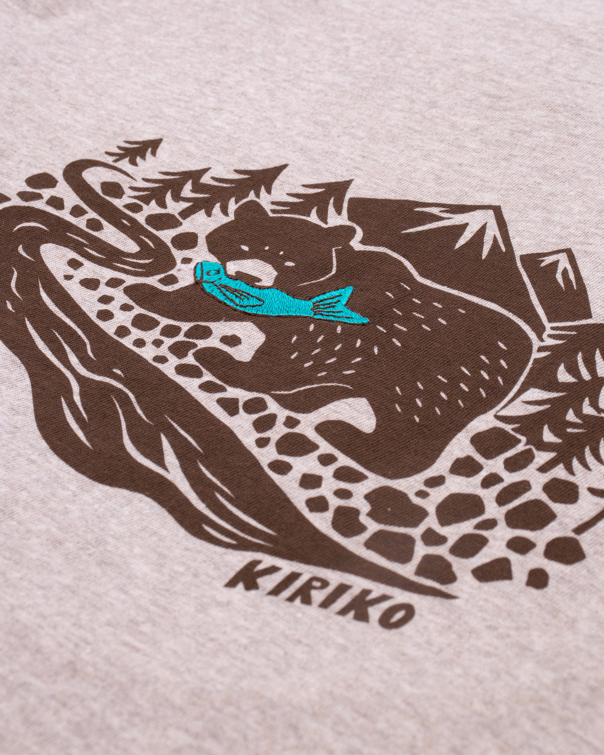 Oatmeal cotton tee with embroidered fish design by Kiriko Made