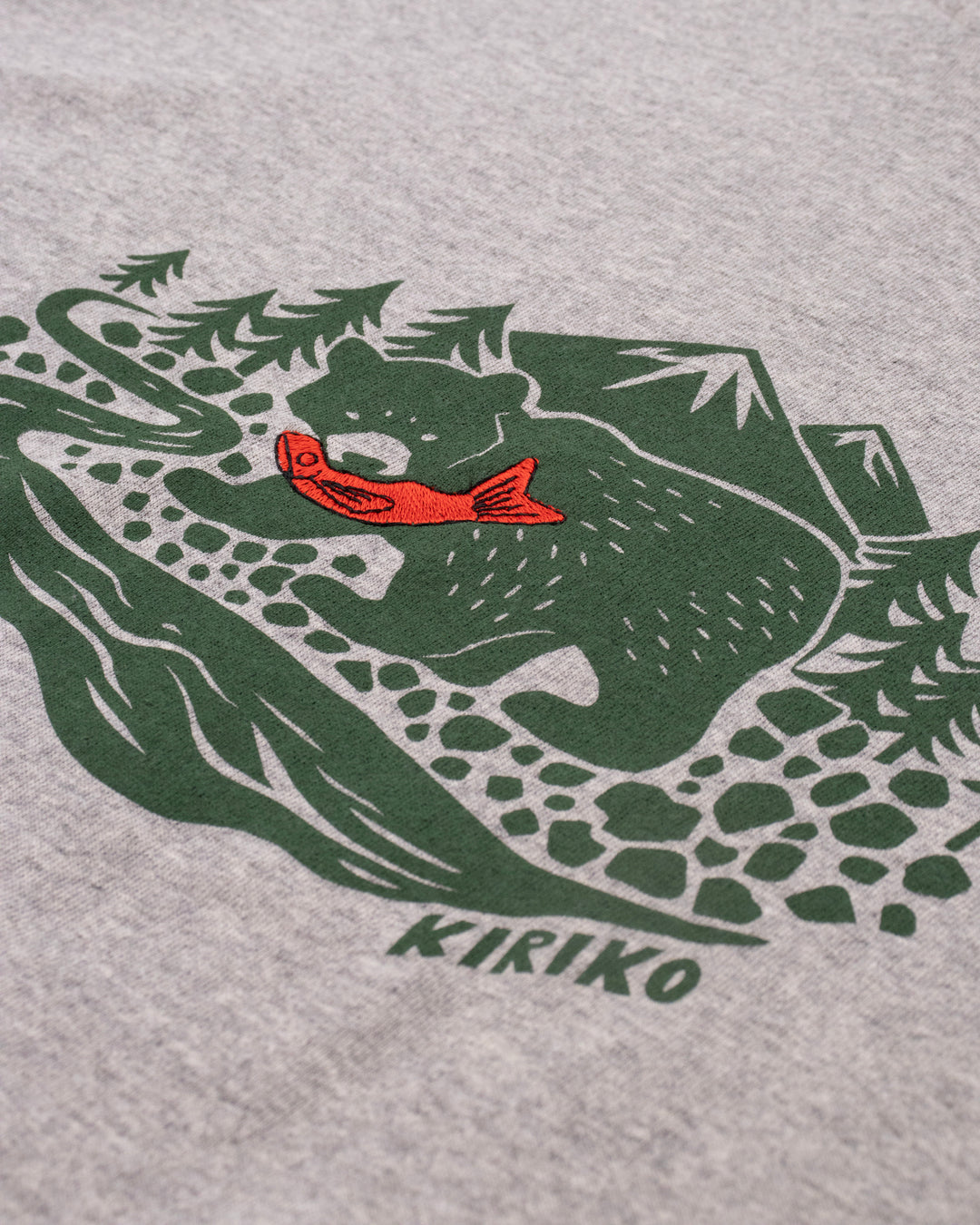 Kiriko Original Tee, 4 oz. US Made, Kuma with Embroidered Fish, Grey