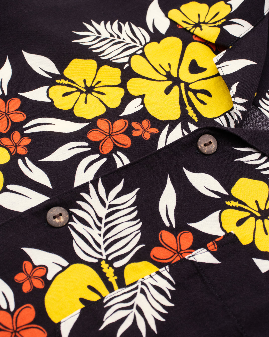 Japanese Repro Shirt, Short Sleeve Aloha Shirt, M, Edwin, Yellow Hibiscus Flowers on Black