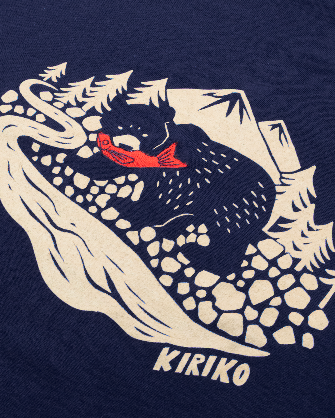 Kiriko Original Tee, 4 oz. US Made, Kuma with Embroidered Fish, Navy