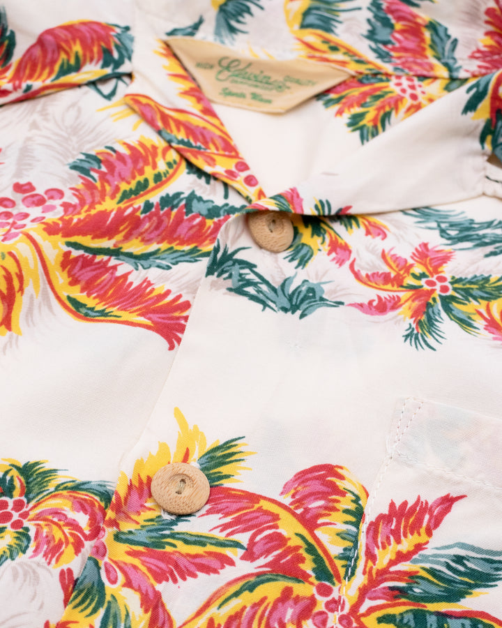 Japanese Repro Shirt, Short Sleeve Aloha Shirt, M, Edwin, Multicolor Palm Trees on Cream