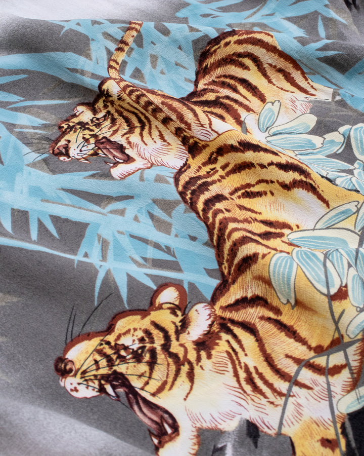 Japanese Repro Shirt, Short Sleeve Aloha Shirt, L, Toyo Enterprises, Tigers and Bamboo on Grey