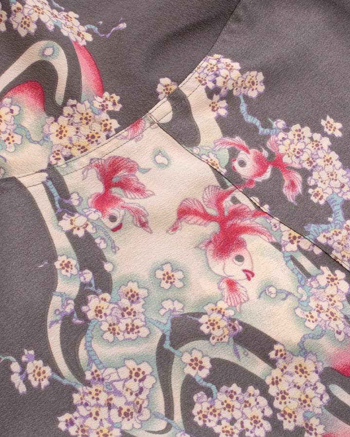Japanese Repro Shirt, Short Sleeve Aloha Shirt, M, Chikiriya, Goldfish on Grey